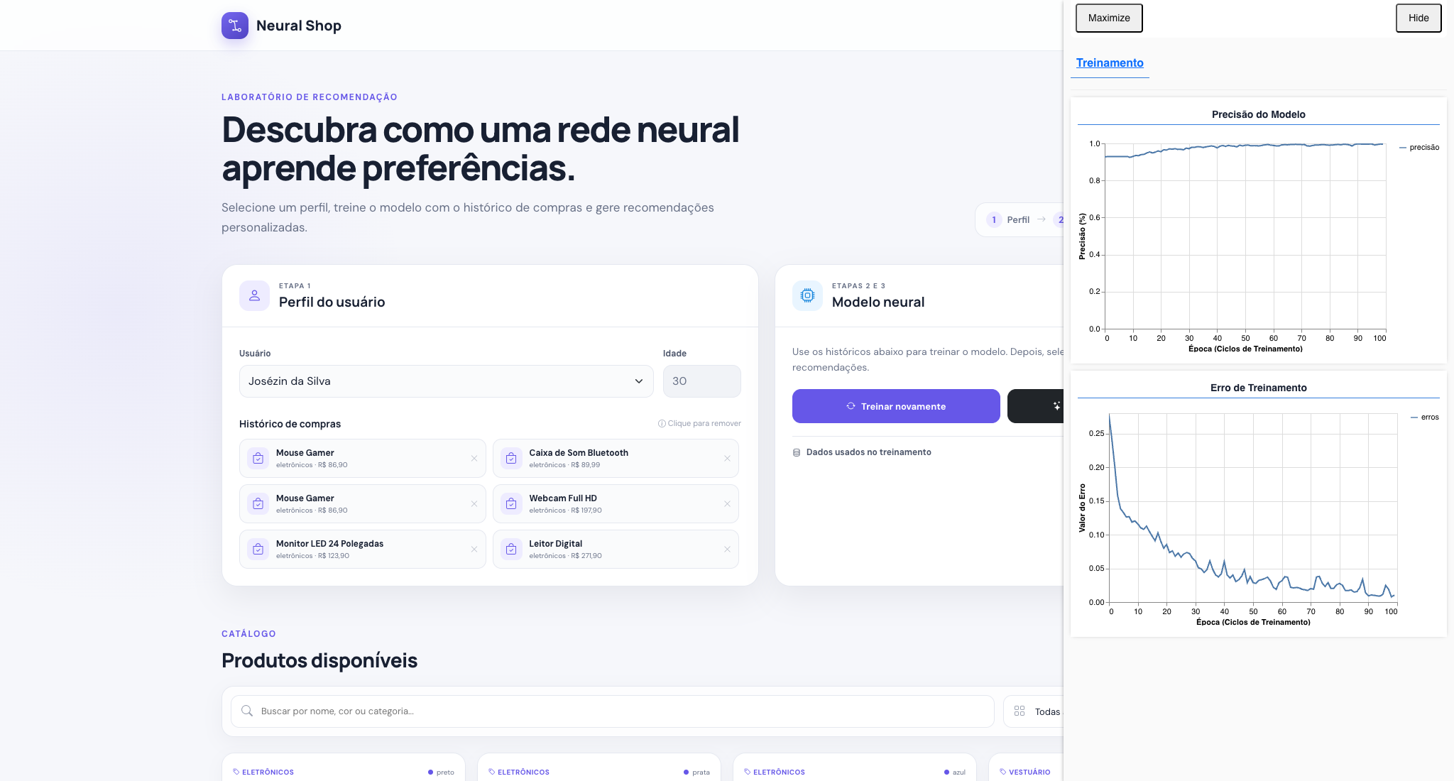 Treinamento da rede neural do Neural Shop com as curvas de precisão e erro