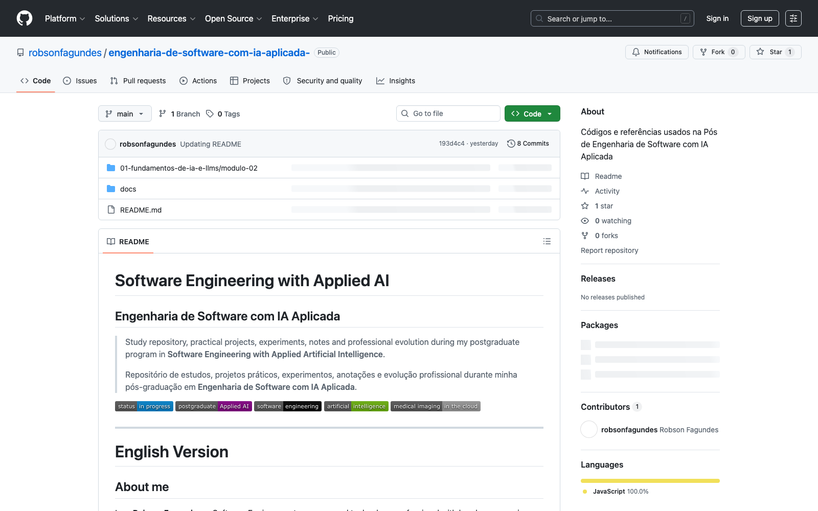 GitHub repository for Software Engineering with Applied AI