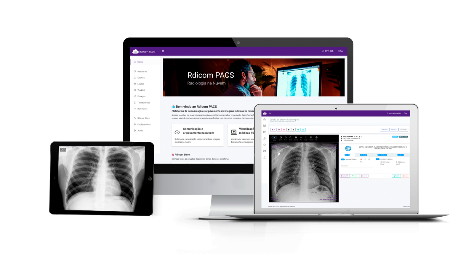 Rdicom PACS cloud medical imaging interface shown on desktop screens
